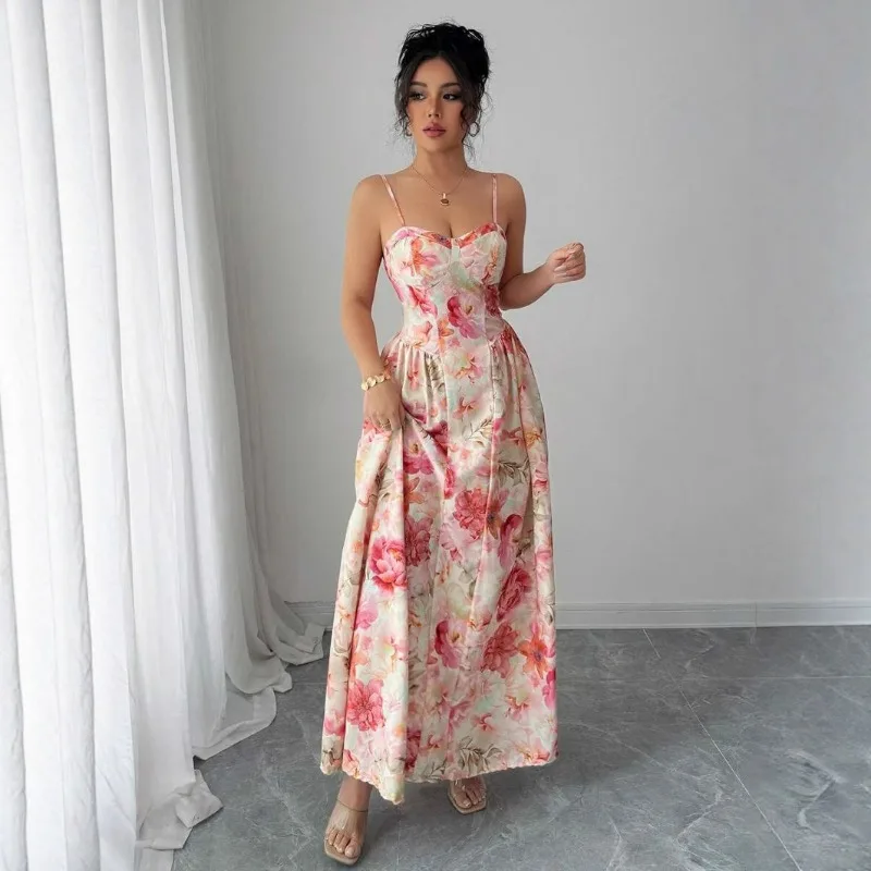Süßes Maxikleid mit Blumenmuster und Spaghettiträgern, fließendes langes Bustier-Kleid für Hochzeitsgäste, Strandurlaub und Partys