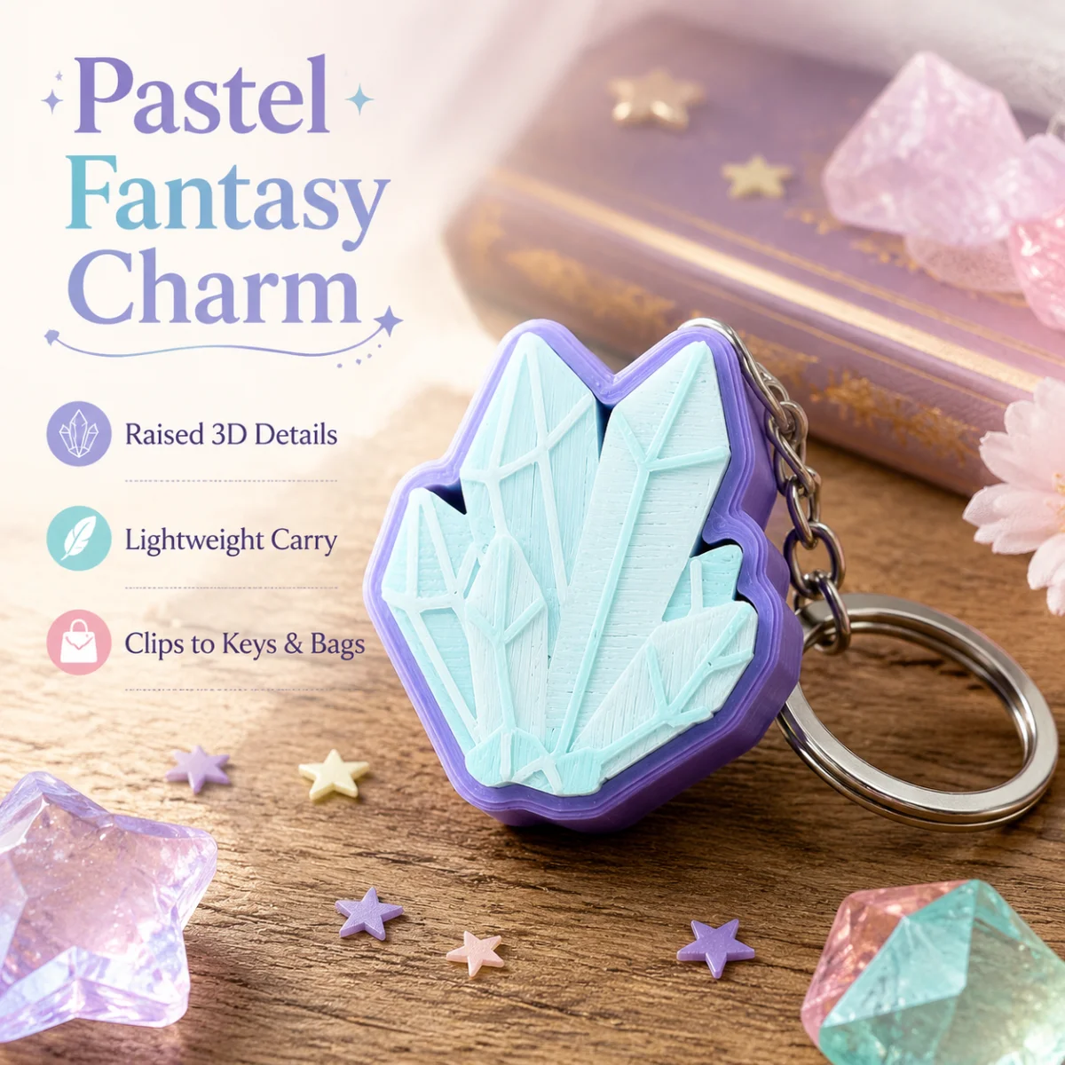 1pc 3.7cm Crystal Fidget Keychain, 3D Printed PLA Fantasy Dungeon Press Click Stress Relief Bag Pendant