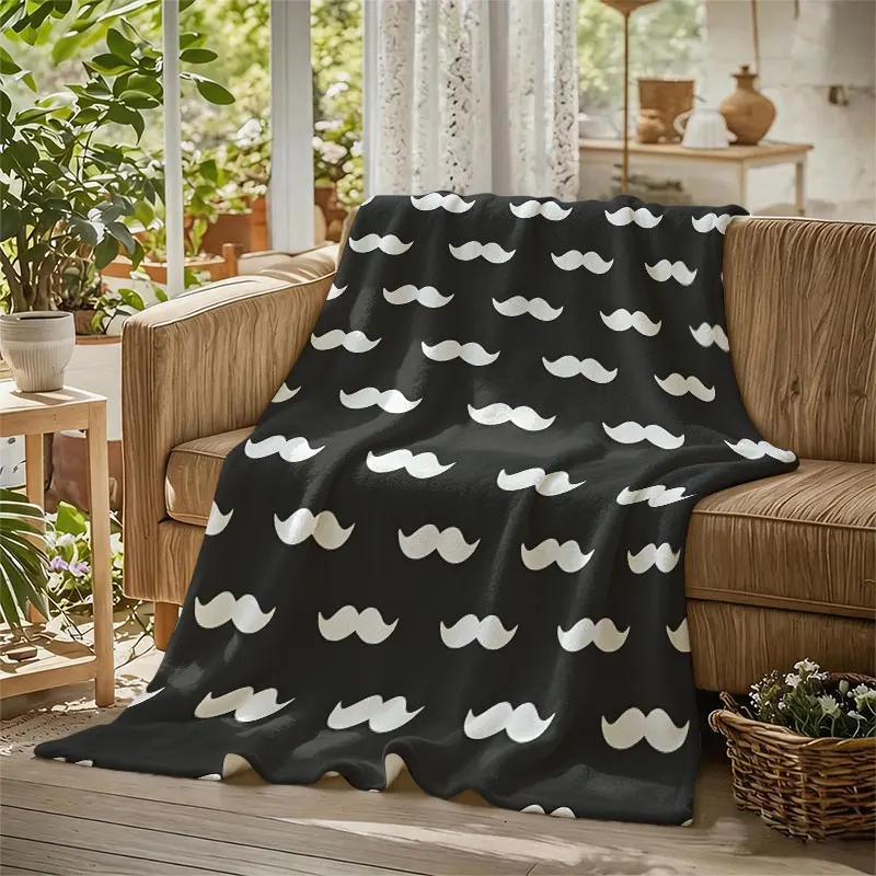 Mustaches Grey White Flannel Blanket Perfect for Sofa Office Bed Travel Sleep Read Relax Camping Four Season Use