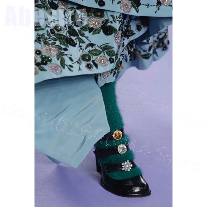 

Crystal Flower Yellow Alligator Print Runway Pumps Slip On Women Shoes Chunky High Heels Party Dating 2025 Zapatos Para Mujere