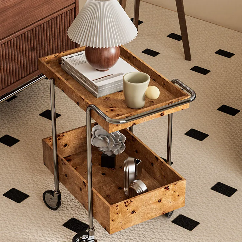 INS Rolling Side Table, Mobile Solid Wood Cart with Two-Tier Storage,Multi-Functional Organizer,Creative Home Decor Accent Piece
