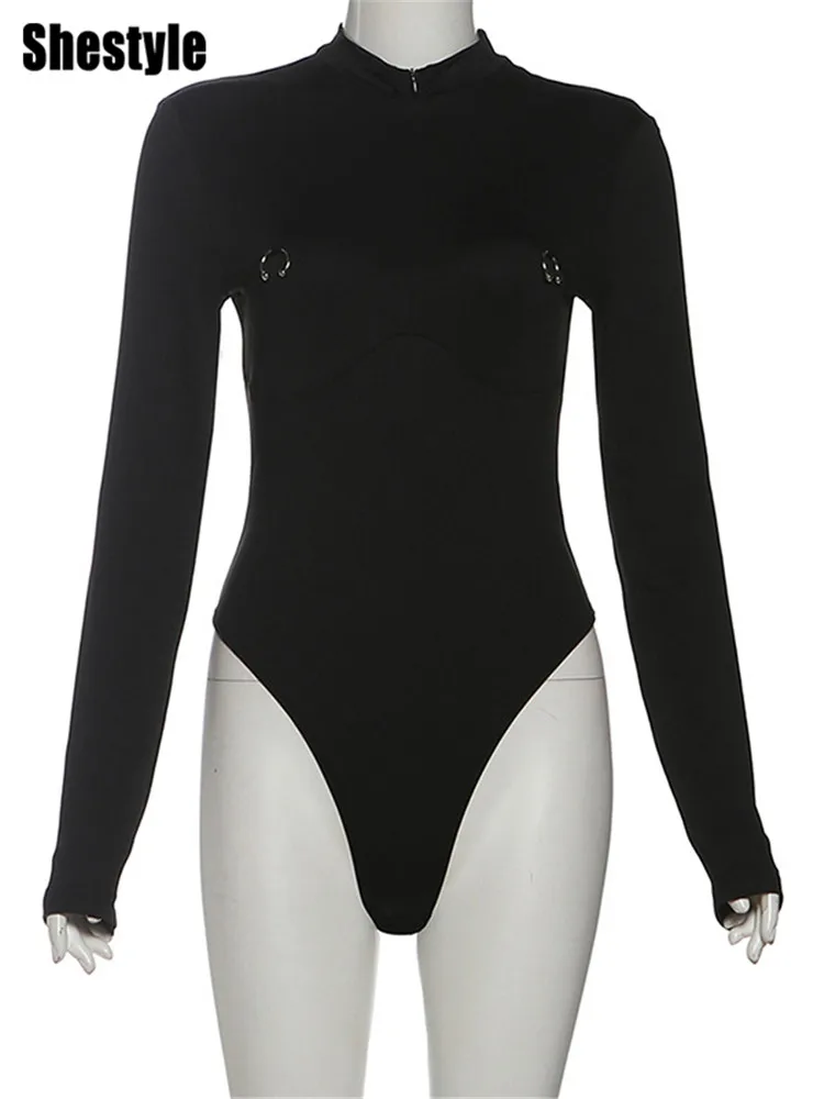 ชุดบอดี้สูทผู้หญิงแขนยาวทรงเข้ารูป สีดำ/เทาล้วน คอเต่า ซิปหน้า รุ่น Shestyle สำหรับฤดูหนาว ปี 2025 พร้อมห่วงคล้องหัวนม