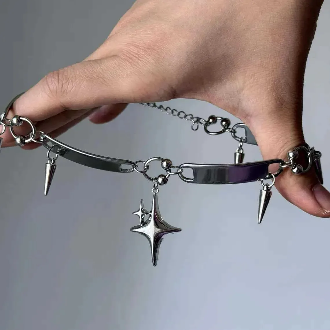 Stainless Steel Punk Star Riveted Choker,Rock Jewelry,Hippie,Goth,Design Sense,Spike,Cross Star,Nose Charm,Necklace for Women