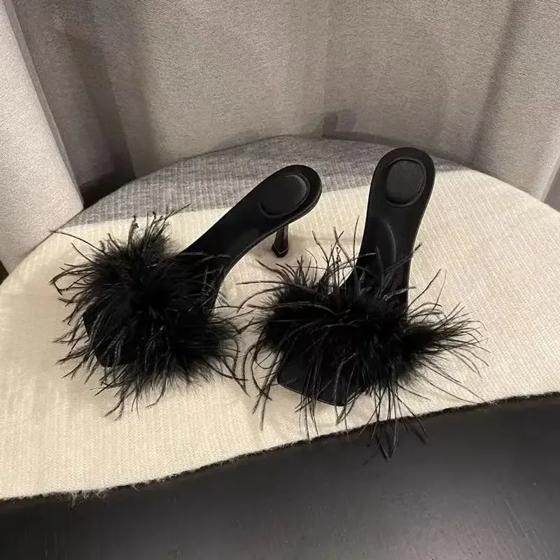 Vintage Feather Fuzzy Job Furry Shoes Fluffy Open Toe Black Slides Women\'s Slippers and Ladies Sandals Heeled Sexy Outside Shoe