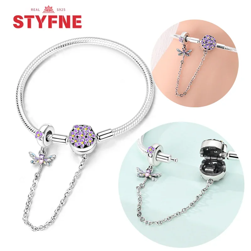 

Silver S925 Flower & Dragonfly Purplr Pink Sparking Zircon Original Bracelet with Chain for Women Jewelry Gift Daily Matching