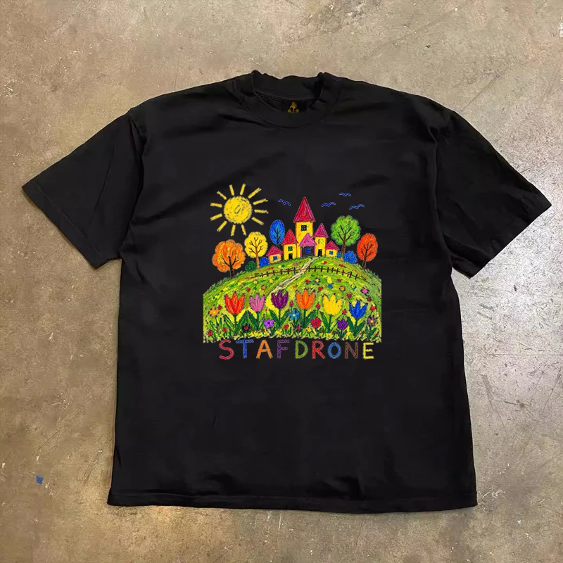 Loose Fit Cotton T-Shirt Unisex Short Sleeve Double Thread UPUPXIA Hero Print Sweat Absorbent round Neck Casual Summer Top