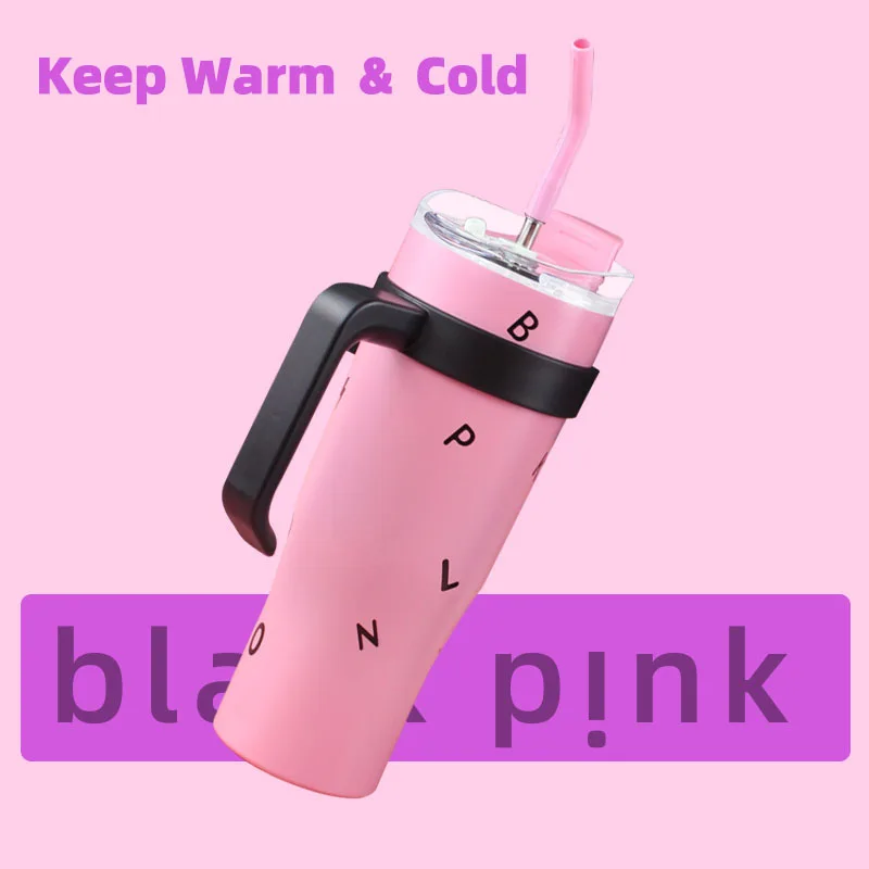 

40oz/1250ml Japanese ZGP Black Pink Water Bottle With Lid ＆ Straw Fashion Stainless Steel Water Cup Outdoor Travel Car Cups