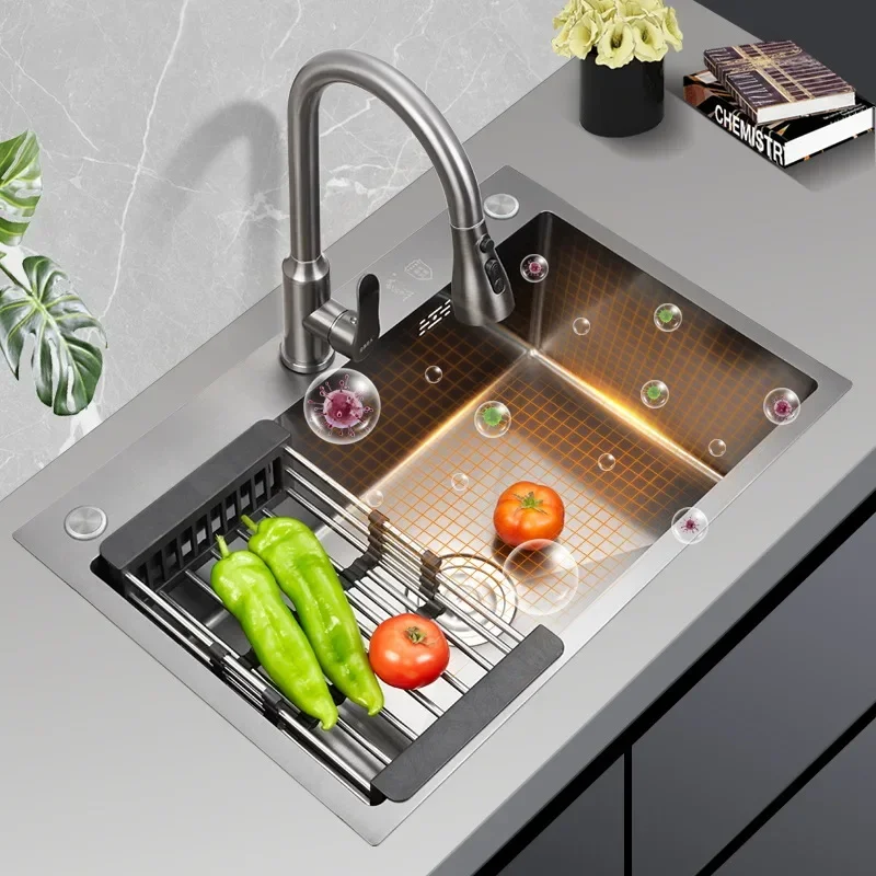 

304 Stainless Steel Kitchen Sink Set Large Single Vegetable Wash Basin Washing Pool Kitchen Pull Out Faucet Drain Accessories