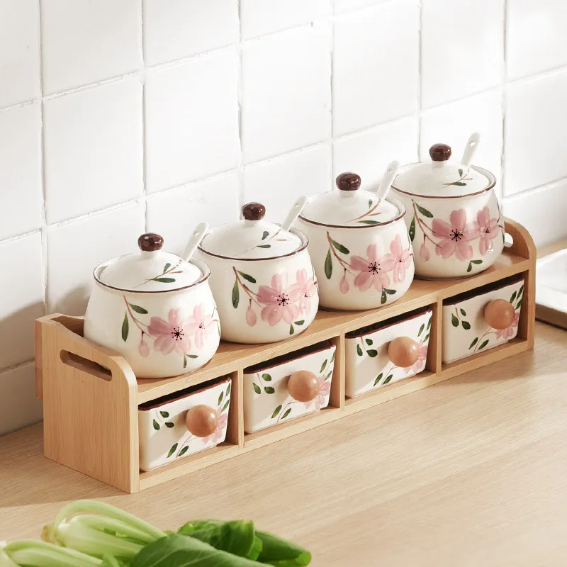 Home kitchen spice box combination seasoning tank ceramic salt jar seasoning jar