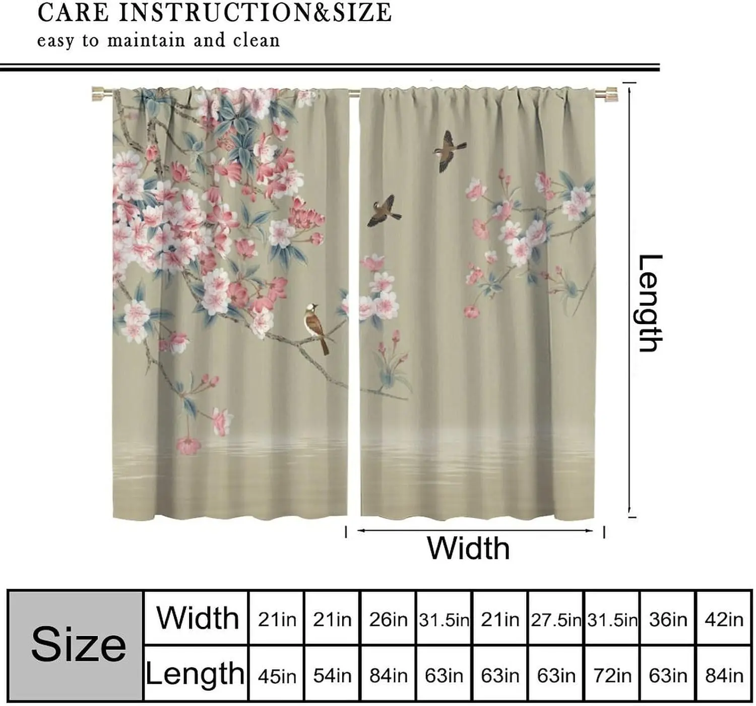 Chinese Ink Peach Blossom Bird Rod Pocket Curtain Oriental Floral Sparrow Water Reflection Print Drapes Retro Zen Living Room