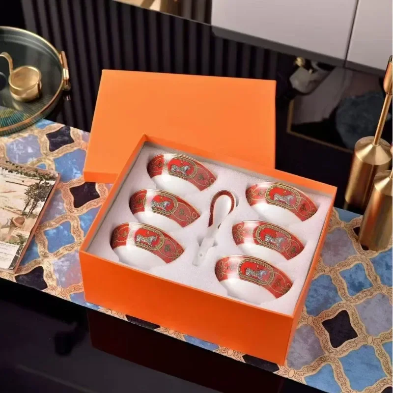Orange Oriental Horse Picture Bone Porcelain Rice Bowl 4.5 Inch Bird's Nest Soup Bowl 6 Bowls 6 Spoons Gift Box