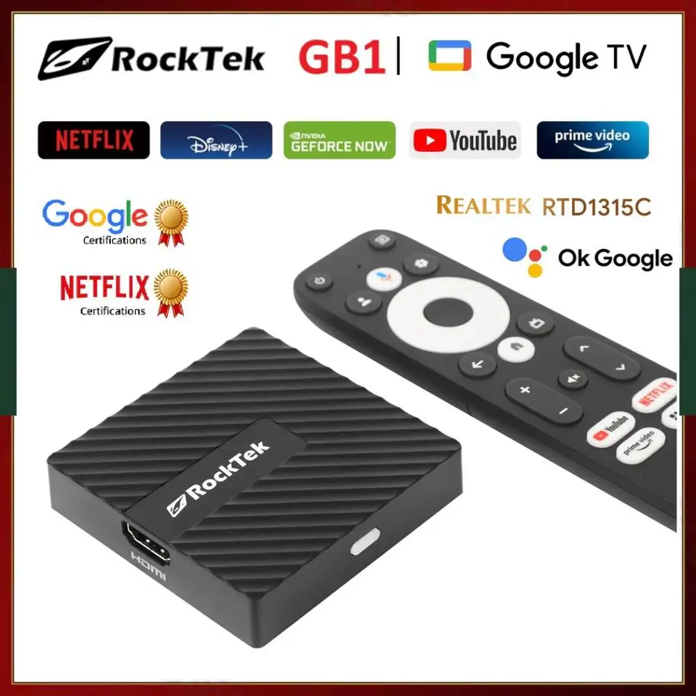 Netflix Google Certified TV Stick Mini BOX RockTek GB1 TV Dongle 2GB16GB Media Player Support Dolby Atmos Vision 2T2R Wifi BT5.0