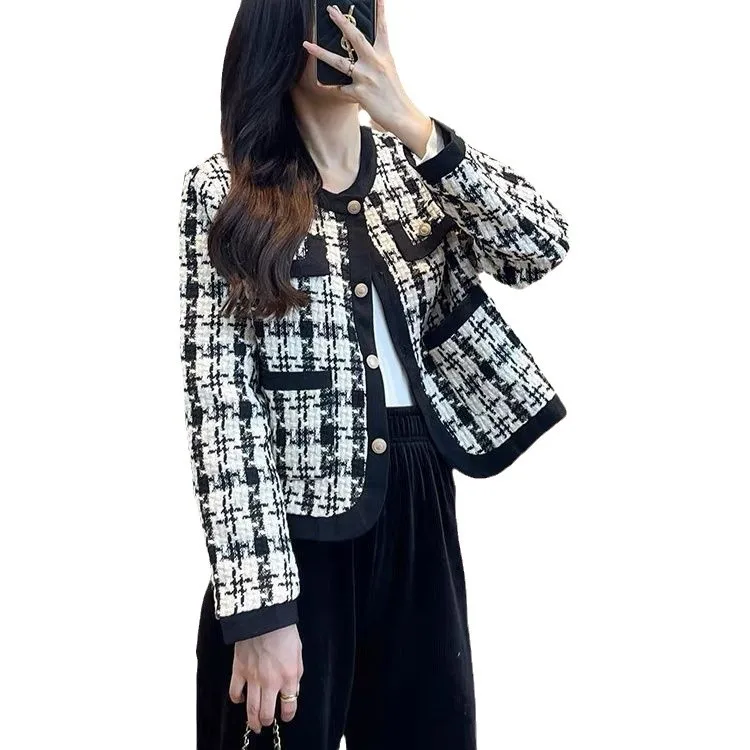 Chaquetas de mujer, abrigo corto con estampado a cuadros, prendas de vestir exteriores de otoño, cuello redondo, chaqueta femenina de retales con una hilera de botones, abrigo de oficina para mujer