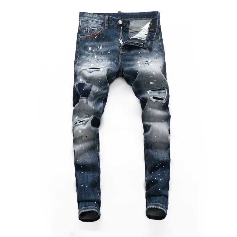 

Fashion Designer Men Jeans High Quality Retro Blue Plain Washed Elastic Slim Fit Ripped Jeans Men Painted Hip Hop Brand Pants