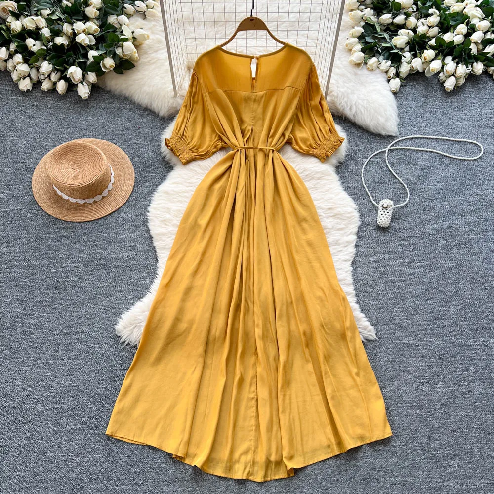 Elegant lace-up loose short sleeve Vintage Chic  Slim Ball Gown Dresses French Evening High Street Clothing