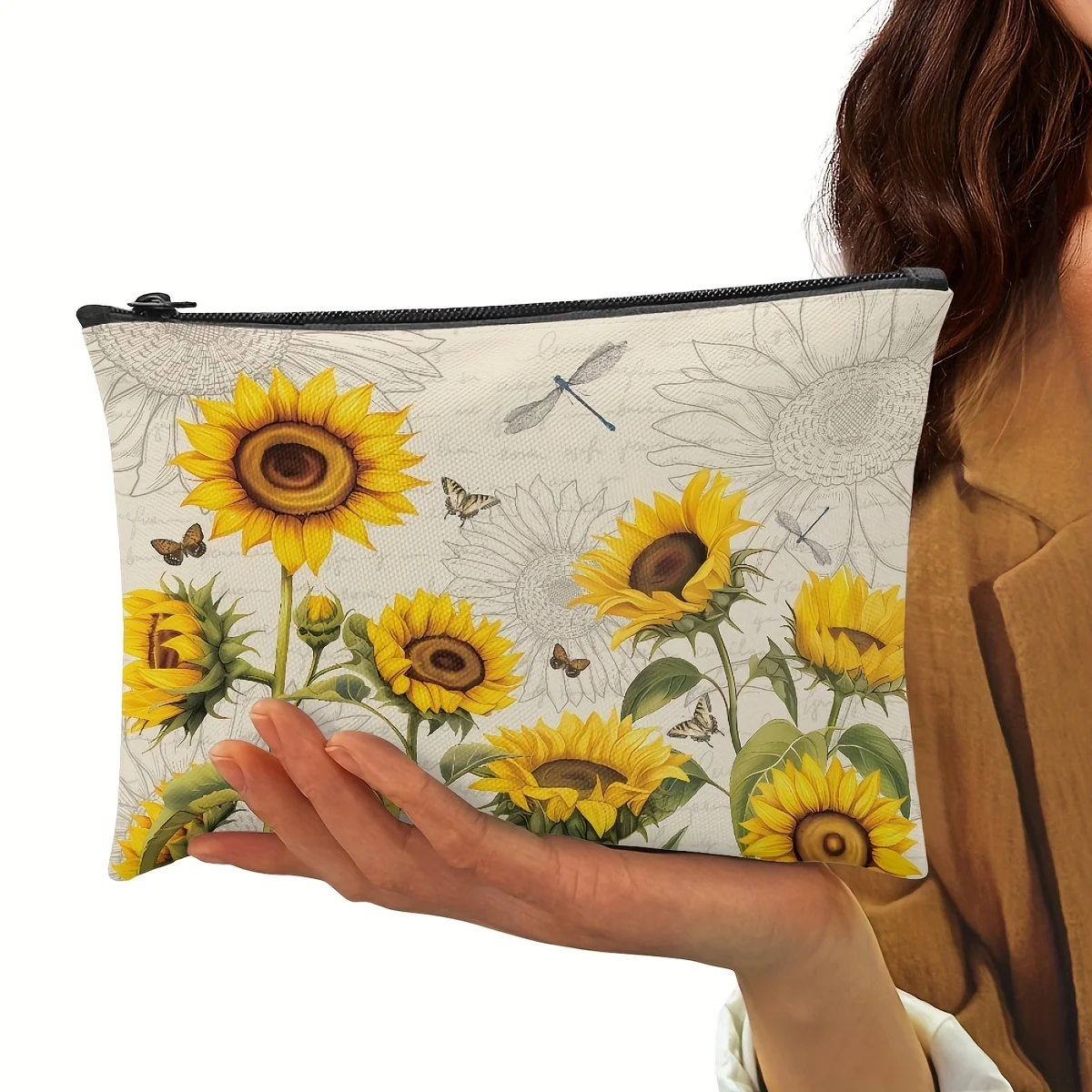 Borsa per il trucco in tessuto di lino con stampa girasole borsa per cosmetici da viaggio con pochette con cerniera per borsa da donna