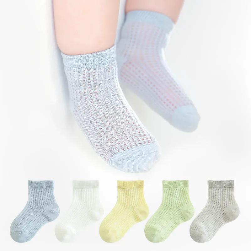5Pairs/Set Summer Kids Babys Contrast Mesh Socks Solid Infant Girls Mid Tube Cotton Socks Newborn Breathable Socks Toddler Socks