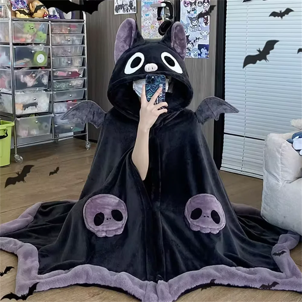 Cartoon Kawaii Bat Y2k Blanket Plush Pajamas Anime Cloak Halloween Cloak For Adults Winter Ponchos Women Hooded Cape