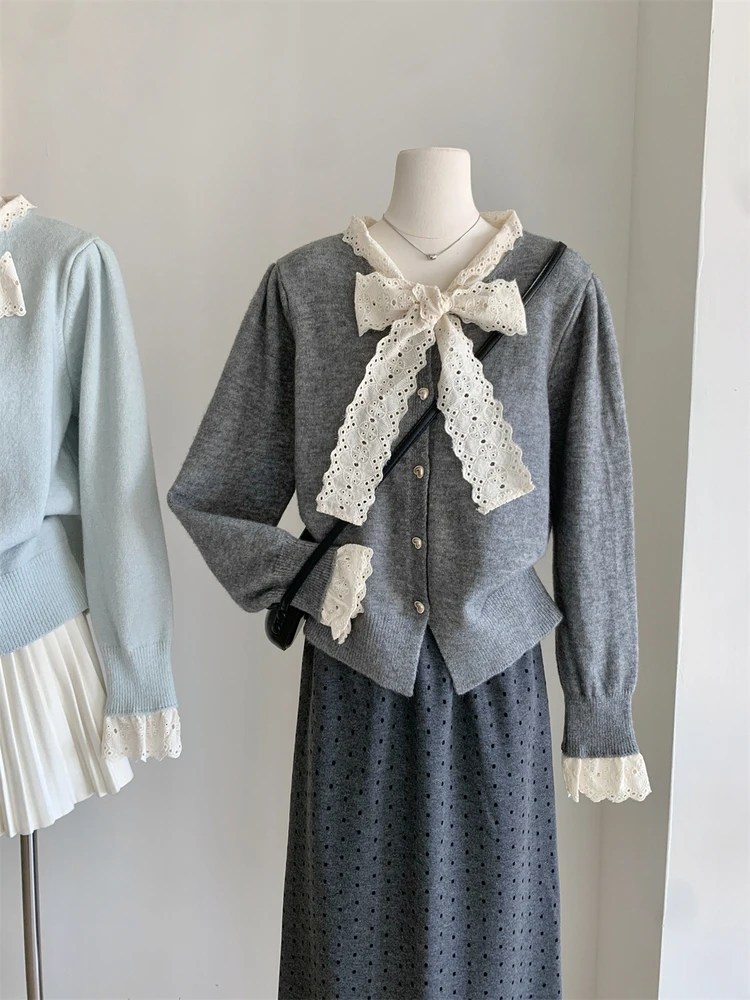 

Sweet Lace Knot Belted Knitted Sweater Women's Long Sve Top Autumn Winter Outerwear Lazy Sle Cardigan