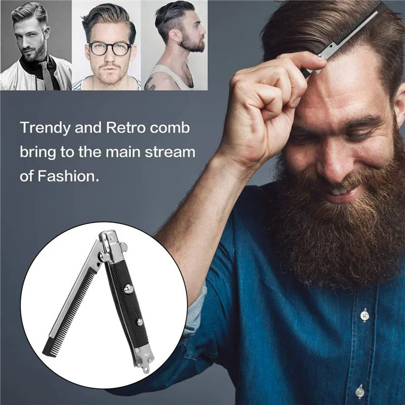 

2X Stainless Steel Hair Folding Beard Comb Hairstyling Tools Switch Combo Pocket Long Round Handle Hair Comb