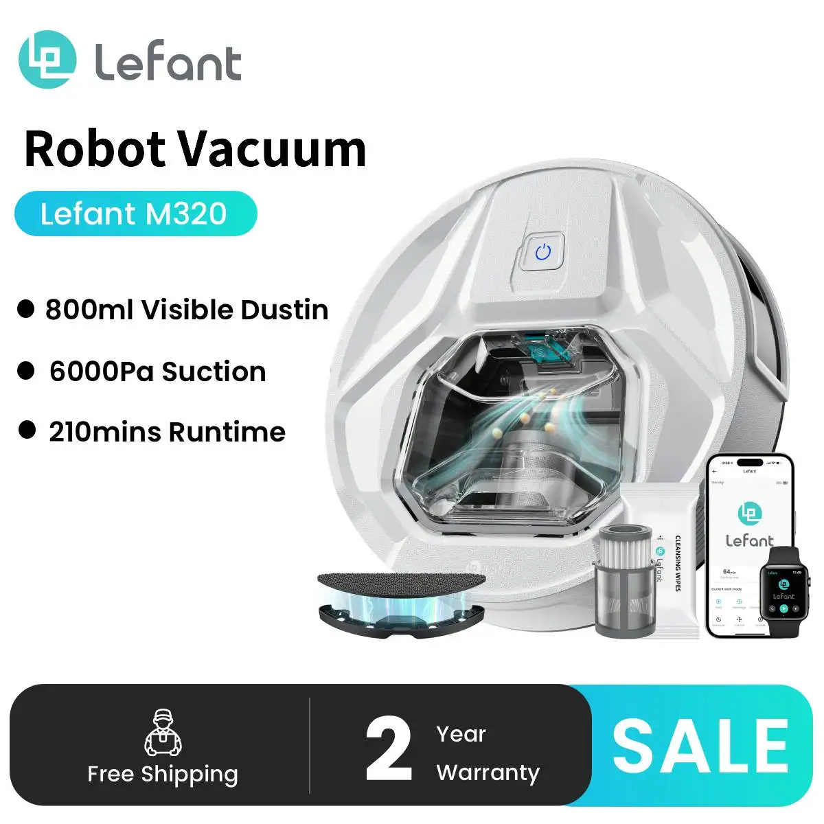 Image of Lefant M320 6000 Pa leistungsstarker Roboter-Staubsauger mit Mopp, 210 Minuten Laufzeit, 800 ml sichtbarer Mülleimer, Teppicherkennung