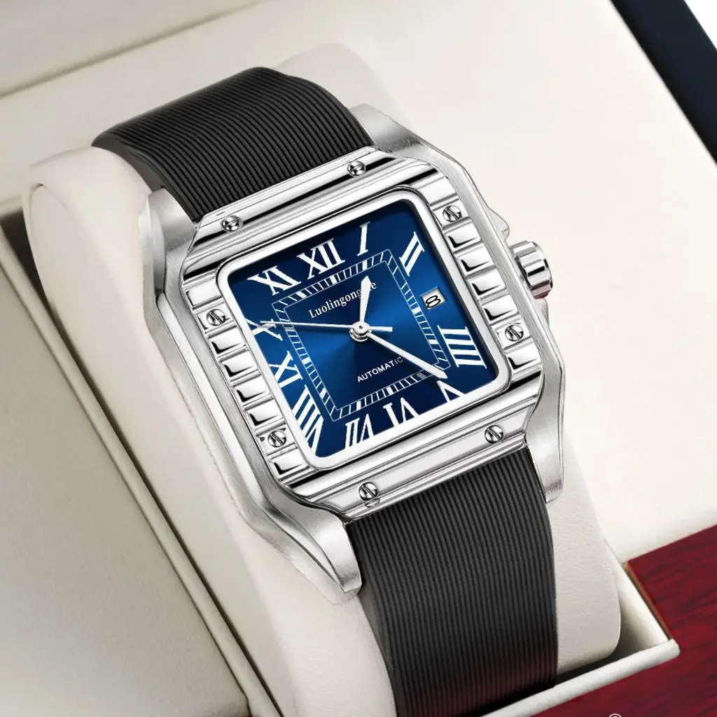 

High-End Luxury Santos Tank Watch for Men, Mechanical Watch, Automatic Winding, Skeleton Design, Calendar Display, High Aesthetic Appeal, Best-Selling Small Square Men's Watch, Fashionable Business Casual Versatile Social Guy Trendy Men's Wristwatch, the 