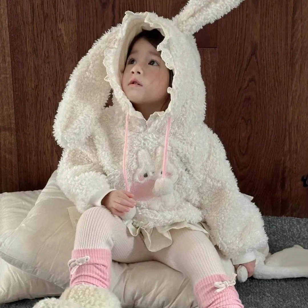 

Girls Furry Hooded Sweatirt Fce Lined Winter Outfit Set Korean Sle Versatile Baby Rabbit Print Sweatirt with Pants