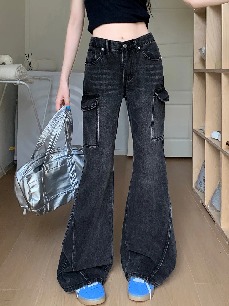 2024 Cyber Y2K Streetwear Washed Black Flare Cargo Jeans Pants For Women 90S Vintage Clothes Multi Pockets Cotton Lady Trousers