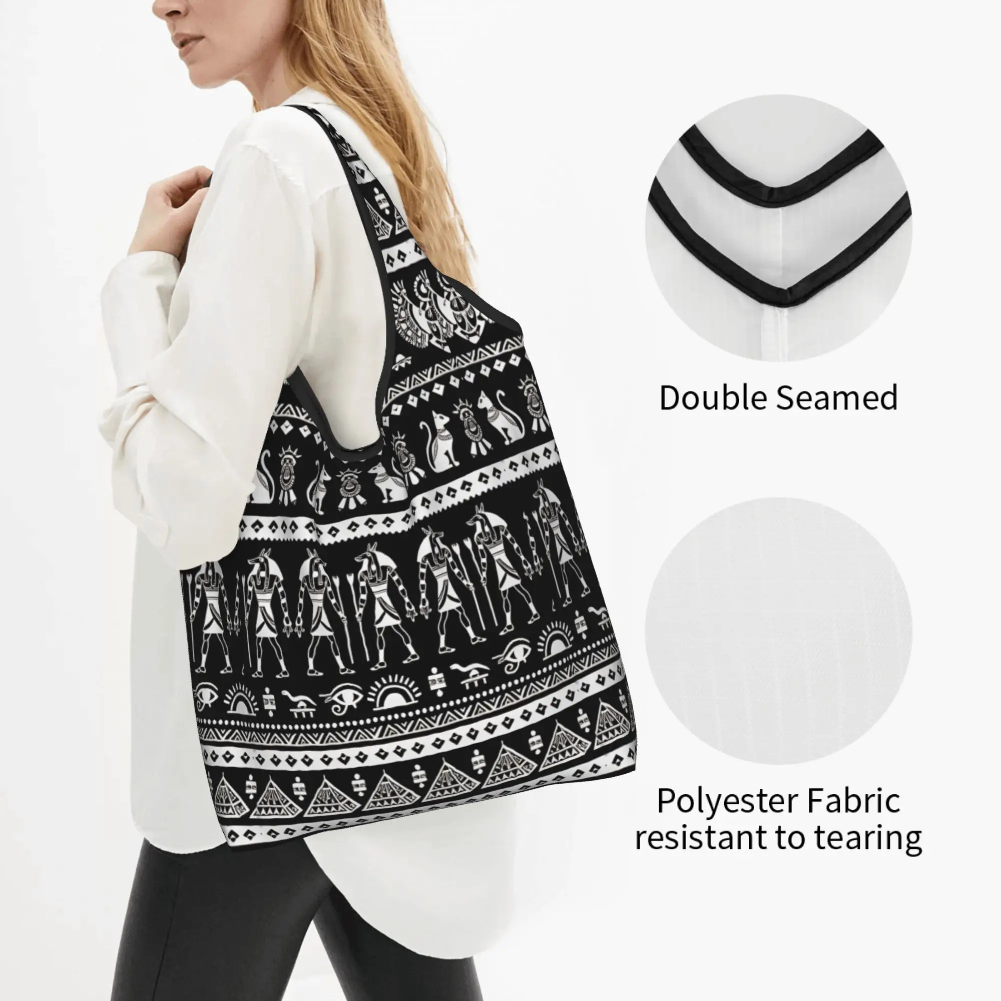 Recycling Egyptian Bastet Anubis Eye of Horus Shopping Bag Women Tote Bag Portable Uraeus Hieroglyphs Groceries Shopper Bags