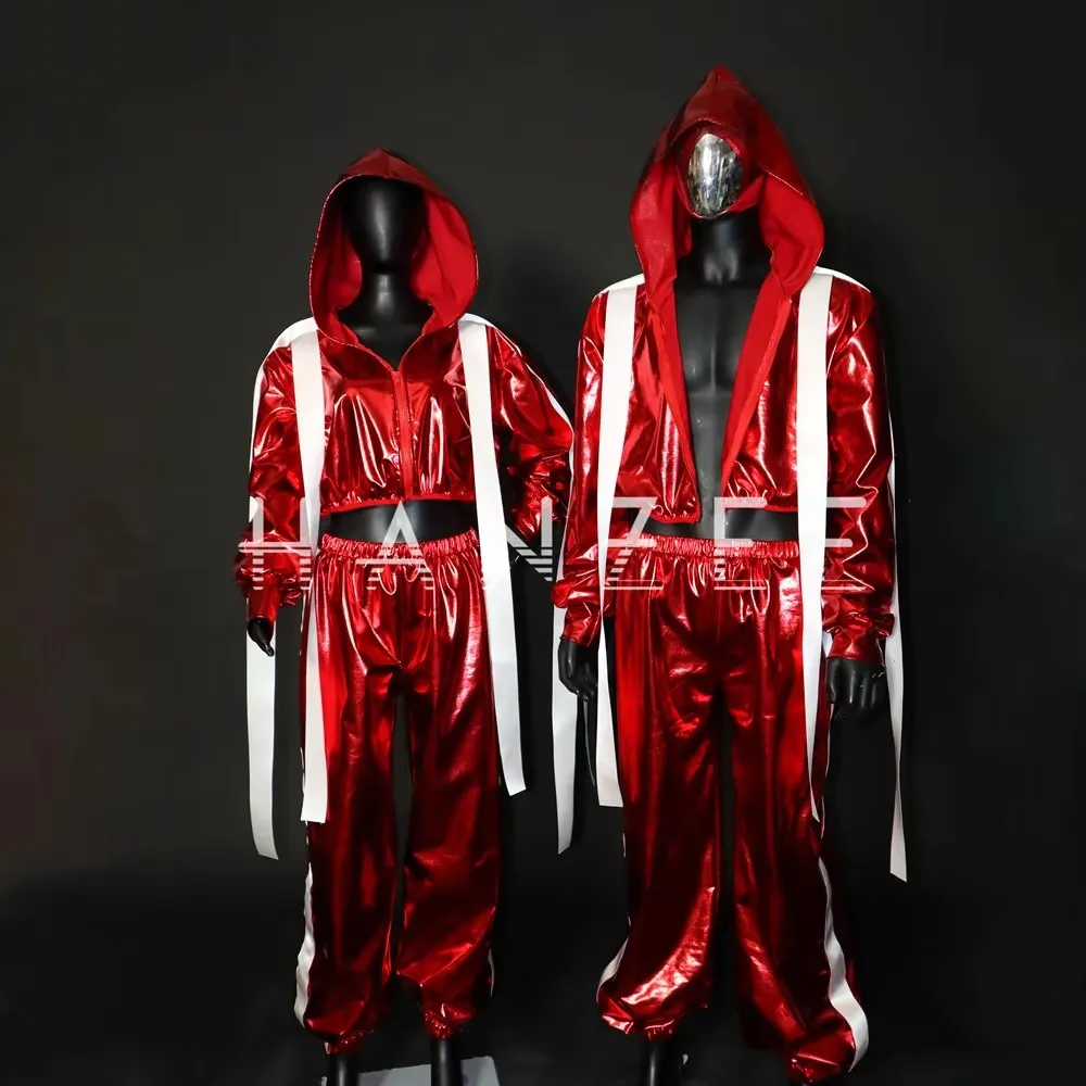 Moda sexy adulto jazz hip hop desempenho traje masculino feminino rua dança equipe conjunto palco wear vermelho laser jaqueta calças 2 peças