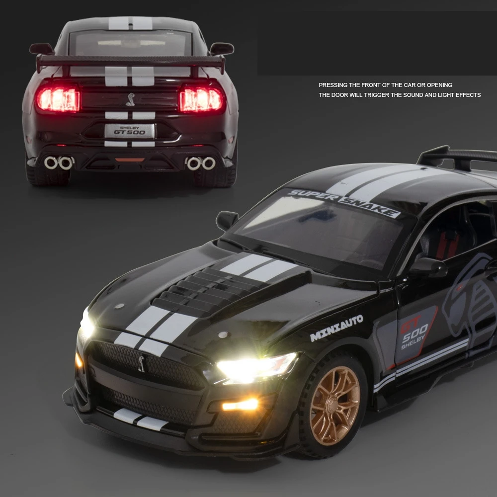 1/32 Ford Shelby GT500 GT350 Toy Car For Children Diecast Metal Miniature Model Pull Back Sound & Light Collection Gift Kid Boys