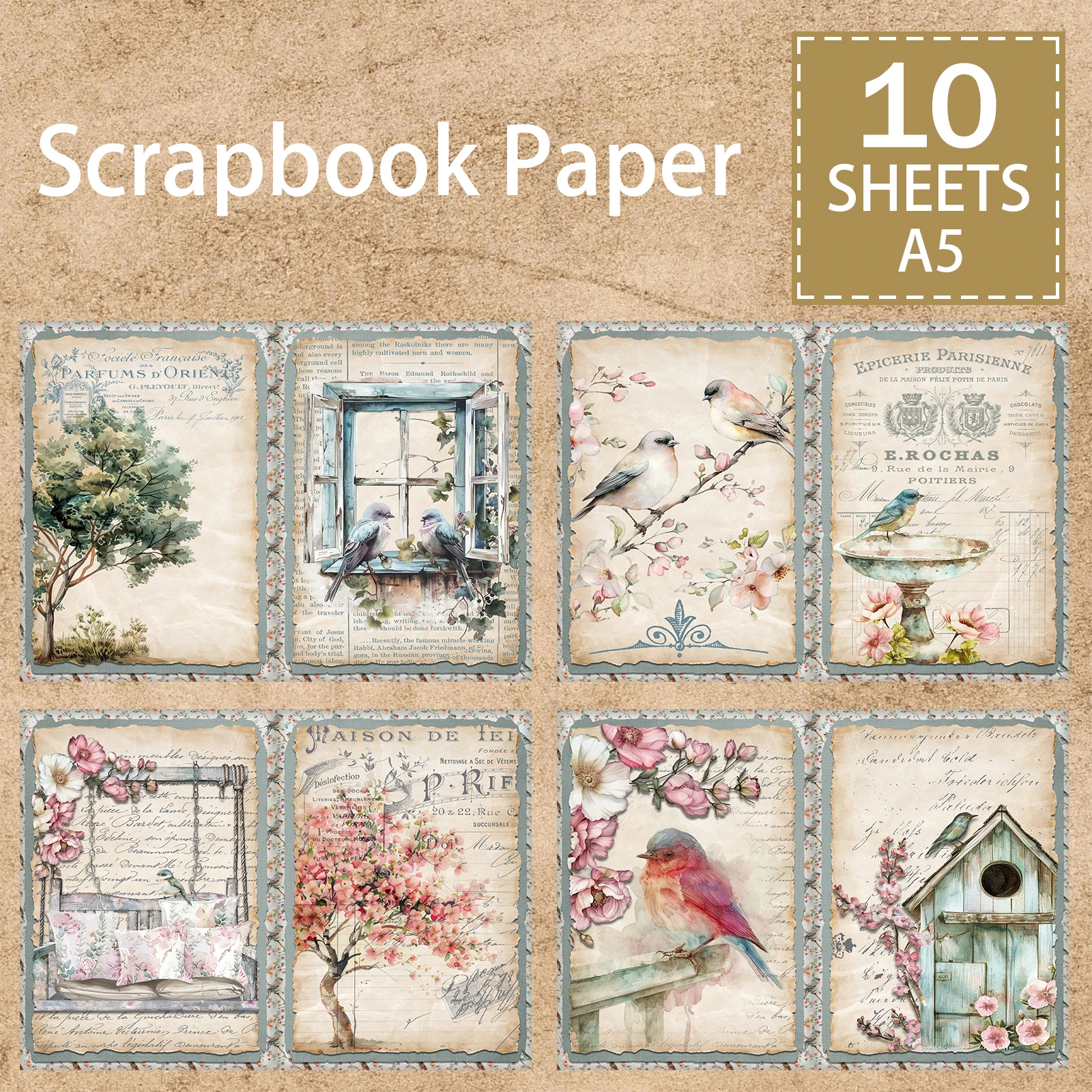 10 Sheets A5 Size Water Platform Bird Window Watercolor Background Vintage Grunge Journal Planning Scrapbooking