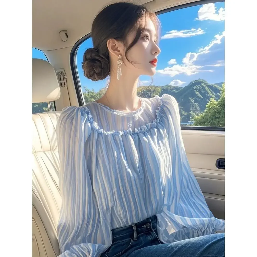 Popolare camicia in chiffon a righe blu primavera autunno nuovo temperamento casual elegante allentato dolce chic top abiti di moda per le donne
