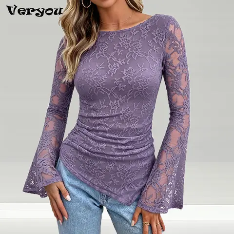 Women's Lace Floral Shirts Long Sleeve O Neck See Through Slim Tops Spring Autumn Women Blouses Elegant Female Shirts