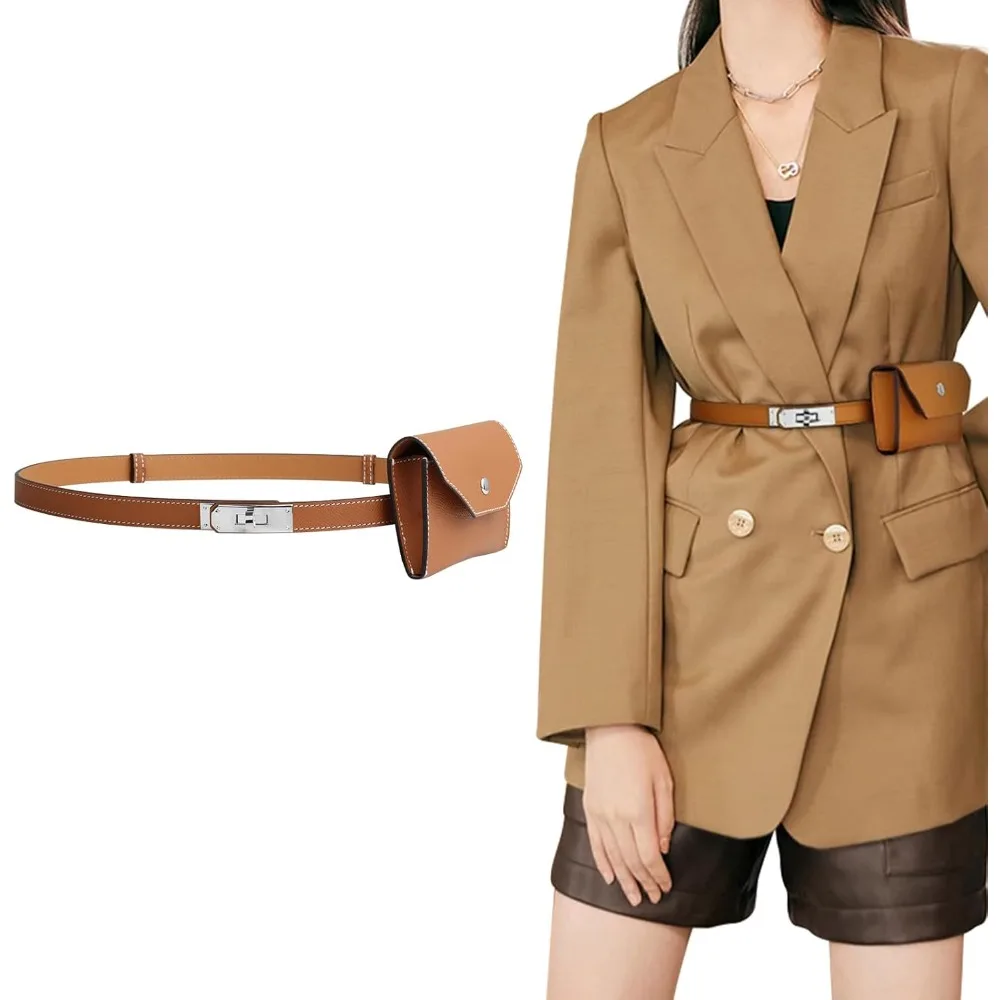 حزام جلد طبيعي نحيف قابل للتعديل للنساء - قفل دوار للإغلاق، إكسسوار متعدد الاستخدامات بلون موحد للفساتين والجينز والشركاه