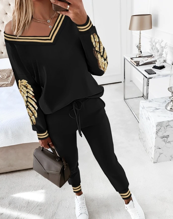 Autumn Fashion New Two-Piece Set 2Pcs Striped Sequin Wings Pattern Skew Neck Top & Cuffed Pants Set for Woman 2 Piece