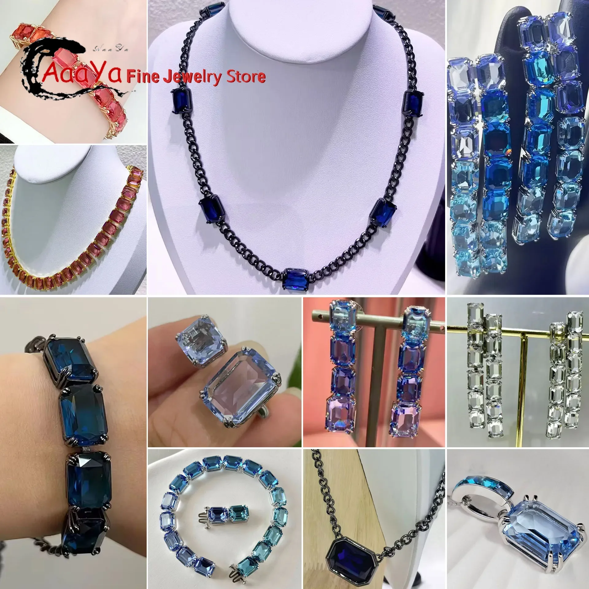 Luxury 2025 Trendy Gradient Colors Blue Crystal Fine Jewelry Set for Women Ncklace Earrings Bracelet Accessories Free Shipping