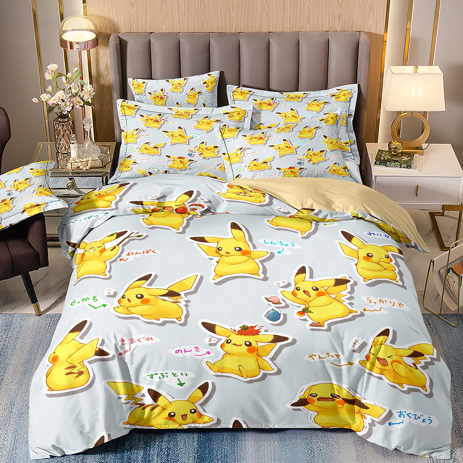 Pokemon Pikachu Bedding Set,Cartoon Anime Quilt Cover for Kids boys Girls gift Queen King Size Bedding Set,