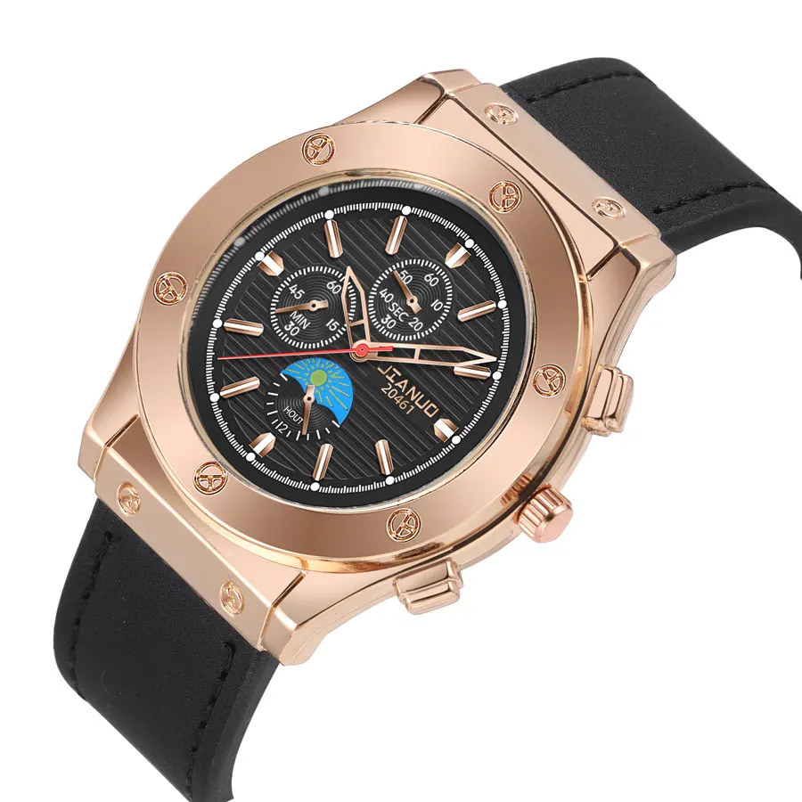 Fashion trend JIANUO brand large dial men\'s leather strap watch casual scale rose gold men\'s quartz watch