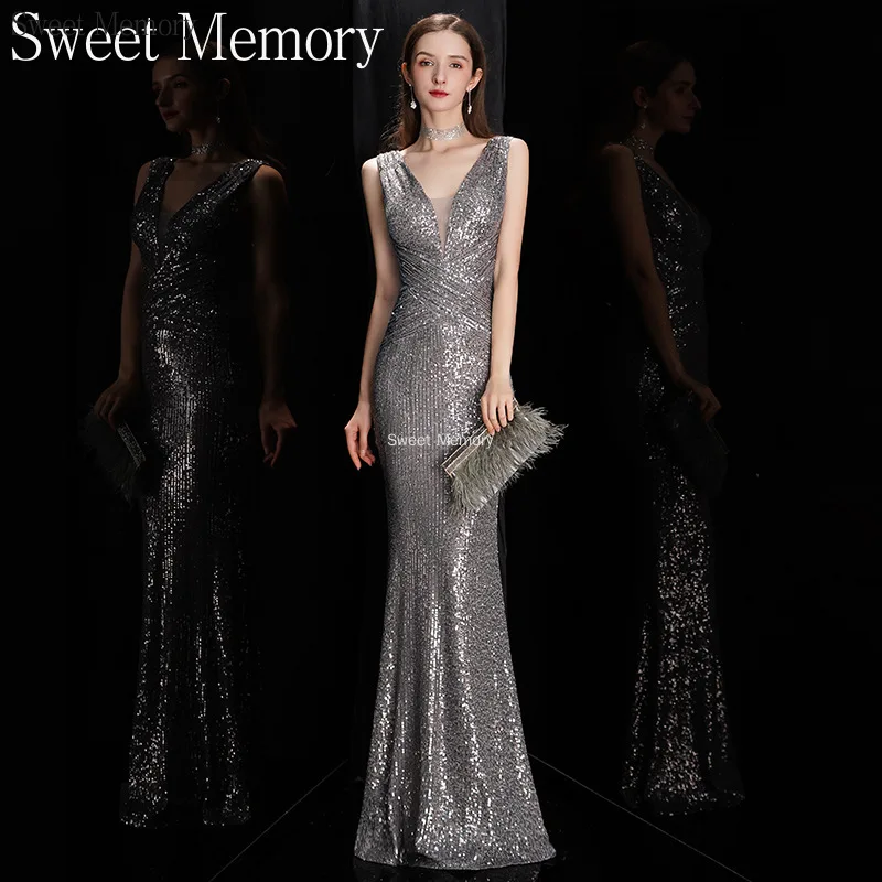 

N1142 Sleeveless Sequined Evening Dress Floor Length Party Dresses Sweet Memory Elegant A-Line Slim Special Occasion Dresses
