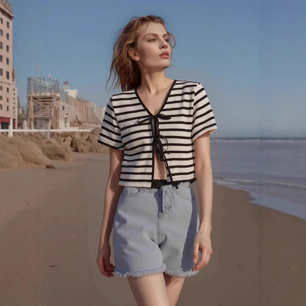 

Весна-лето 202, женский вязаный кардиган ort Sve, полосатый женский свитер с поясом и поясом Faion Bright Tead