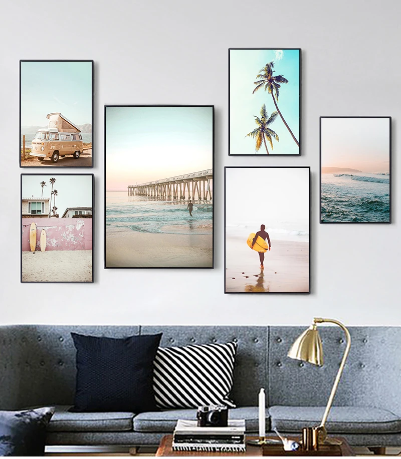 1 Stück rahmenloser Kalifornien-Surf-Kunstdruck, Strand-Wandkunst, Sommerdruck, Sonnenuntergang-Landschaft, Leinwandgemälde, Surfbrett, Boho-Dekor, Küste