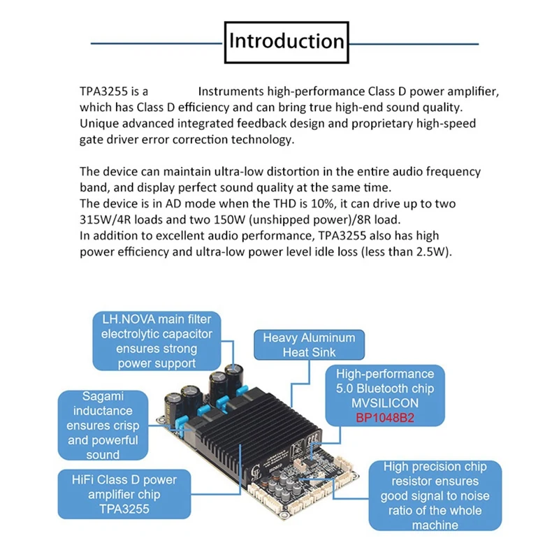 BDM9 TPA3255 2X300W Bluetooth Power Amplifier Board BT5.0 Stereo High Power Adjustable Tweeter