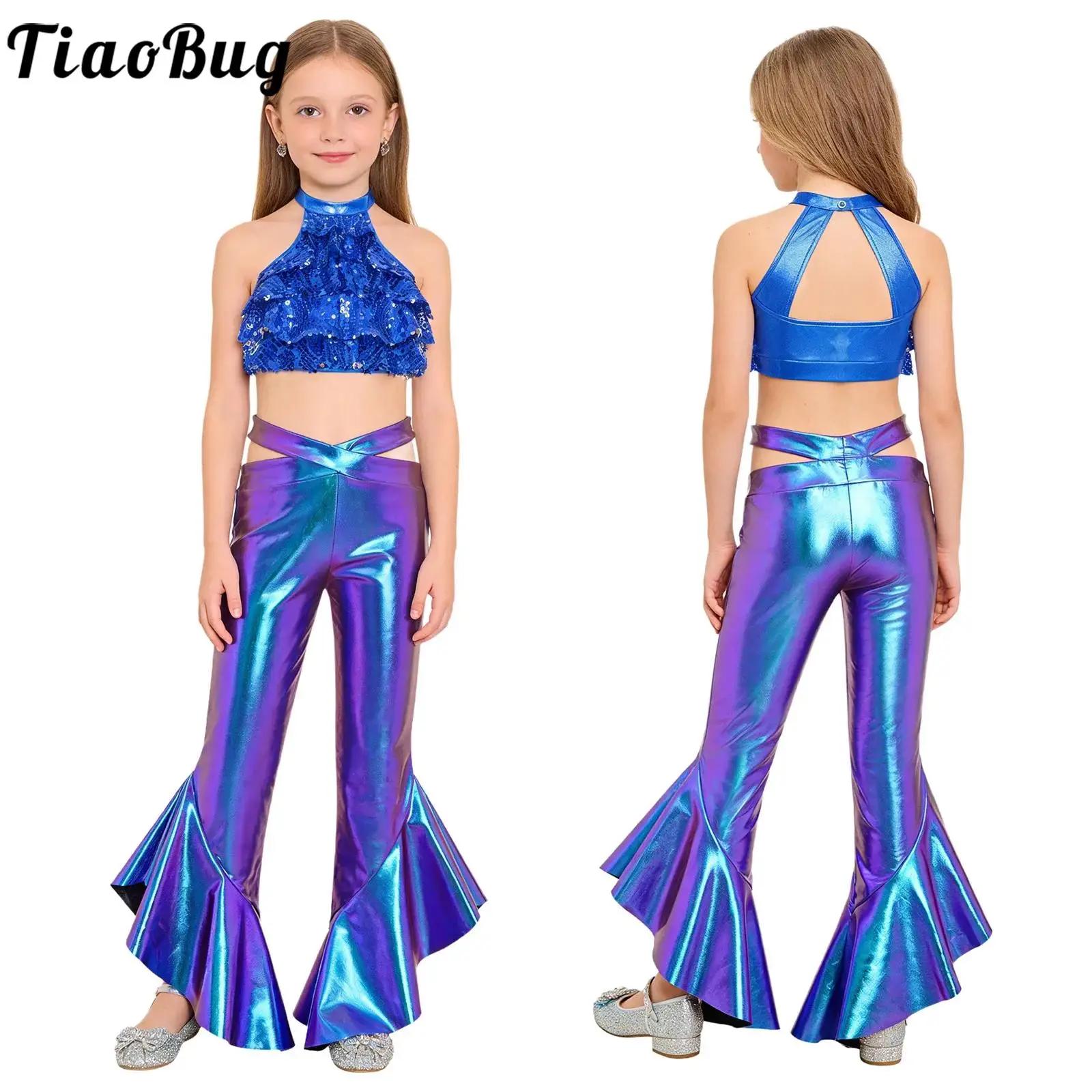 

Kid Girls Jazz Tango Cha-cha Dance Performance Outfit Modern Dancewear Sleeveless Shiny Sequin Tiered Crop Top with Flared Pants