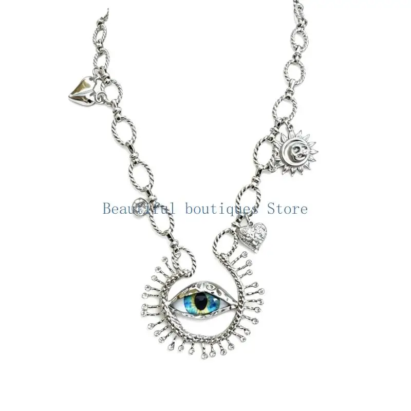 U4LF Link Chain Pendant Necklace with Eye Detail for Going Out Looks Daily