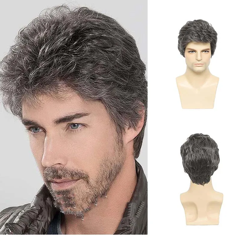

Synthetic Short Grey Curly Wigs with Bangs for Men Daily Party Layered Pixie Cut Looking Realistic Fake Hair