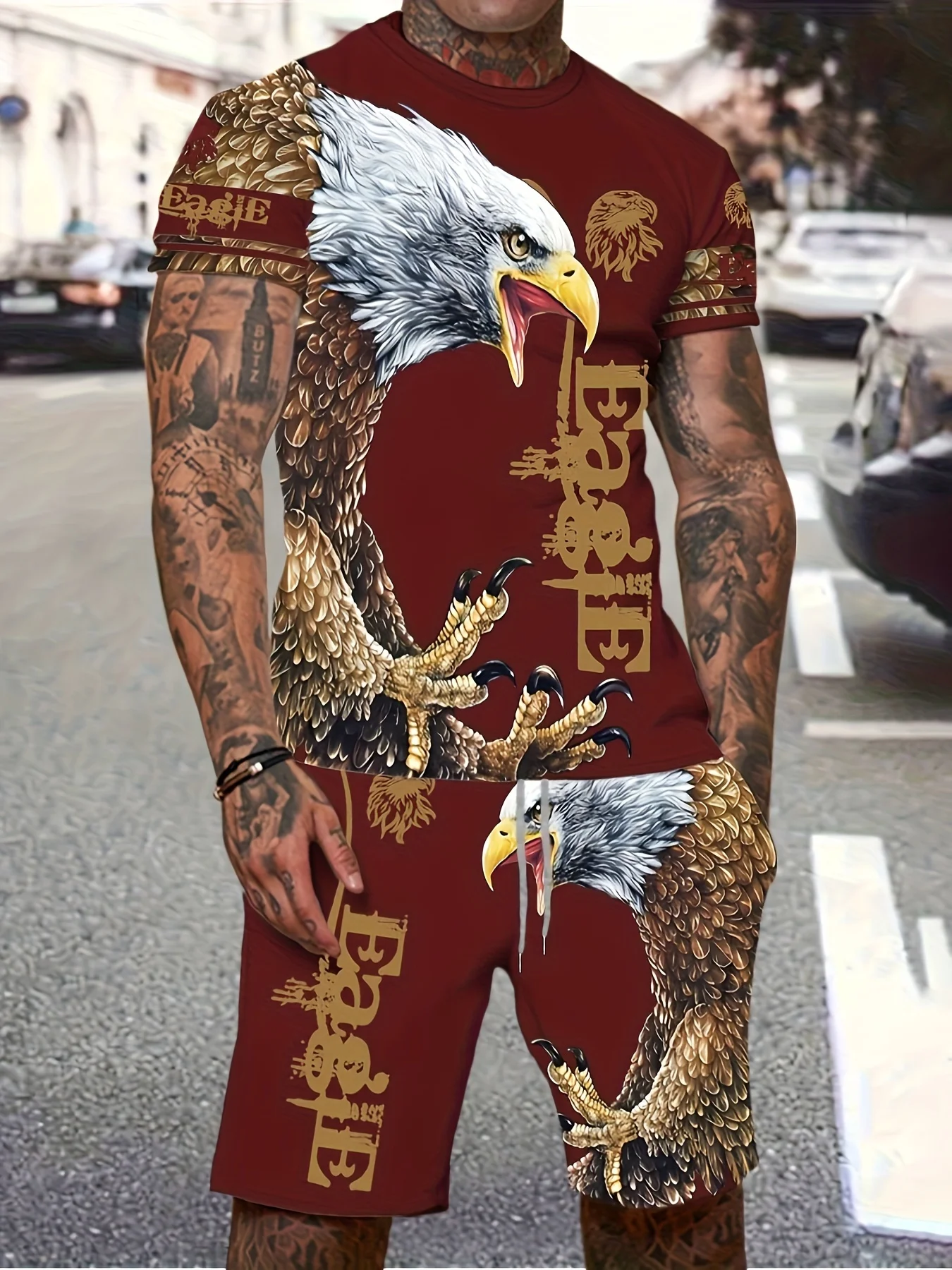 2025 Summer Fashion Round Neck T-shirt Top and Shorts Set 2 Pieces eagle 3D printed T-shirt shorts set 