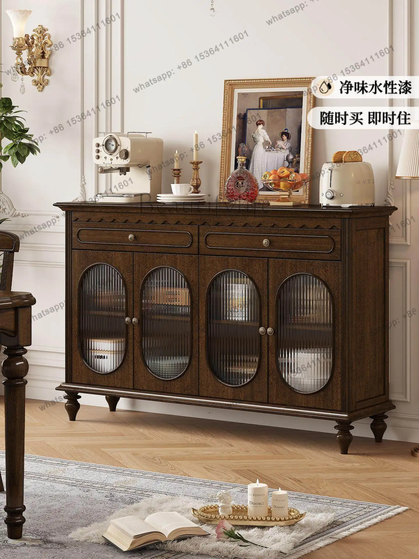 American all-solid wood dining side cabinet living room old money wind against the wall storage retro rural storage tea cabinet