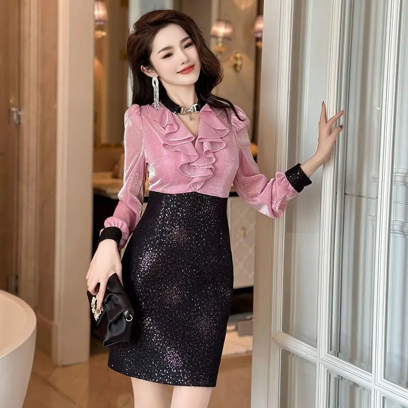 2024 New Fashion Patchwork Pullovers Women\'s Clothing Spring Autumn Sexy Long Sleeve Tops Ladies Solid Interior Lapping Dresses