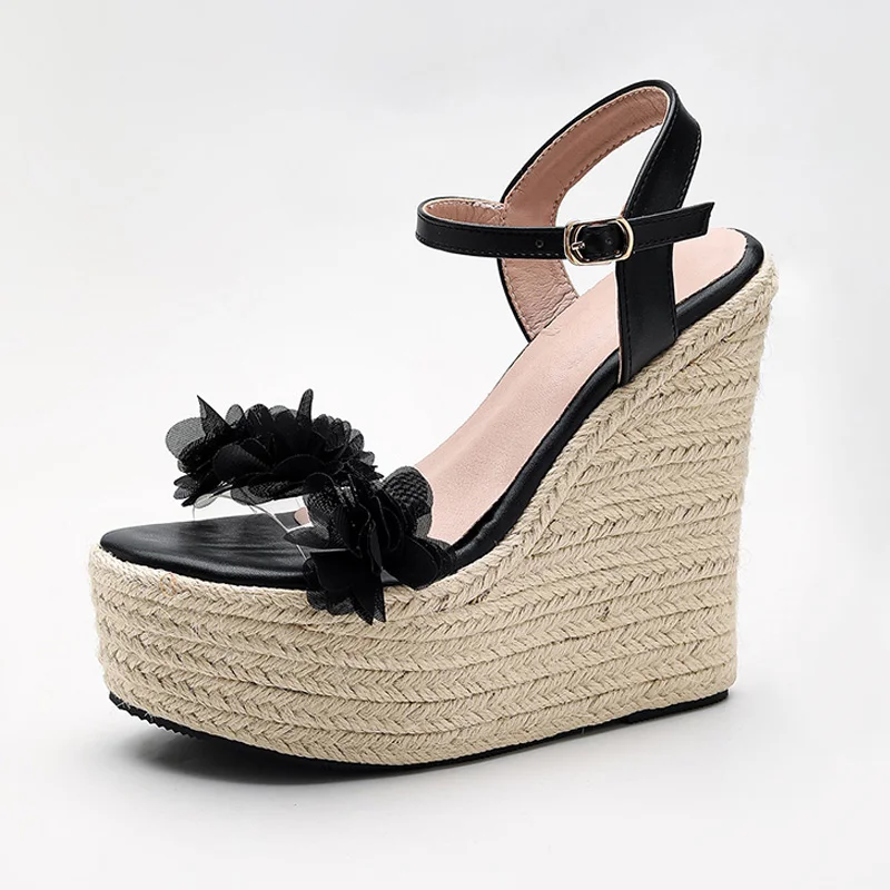 Elegant Espadrille Shoes Women Super High Heels 15cm Flowers Platform Party Shoes Fashion Ladies Wedge Sandals Big Size 42 D1008